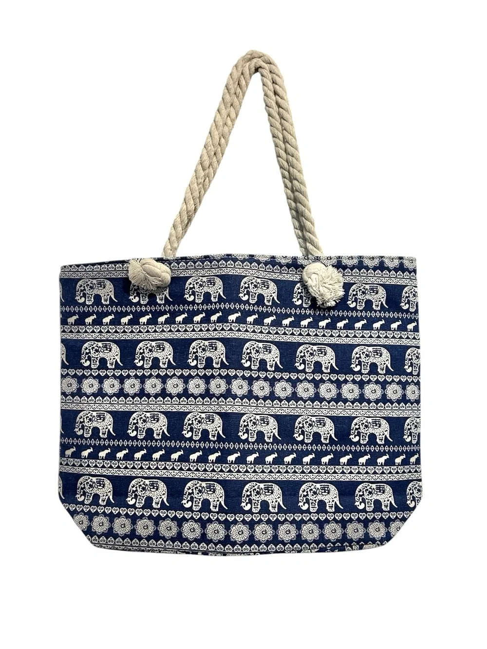 New Navy & Cream Elephant Print Rope-Handle Tote Bag